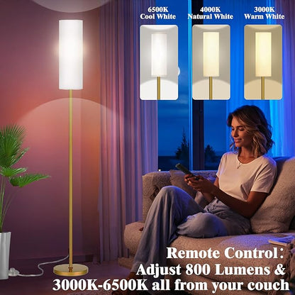 Qaubauyt Smart LED Floor Lamp with APP Control & RGB Colors - Dimmable Standing Lamp for Living Room, Bedroom, Gaming - Remote, Timer, 9W Bulb Included, 67" Modern Tall Lamp (Gold)