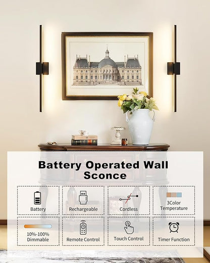 8000mAh Battery Operated Wall Sconce with Remote Control, 3000K-6000K Dimmable Black Wireless Rechargeable Wall Sconces Set of Two with Timer Function for Living Room, Bedroom, Stairwell, TV 24 Inch