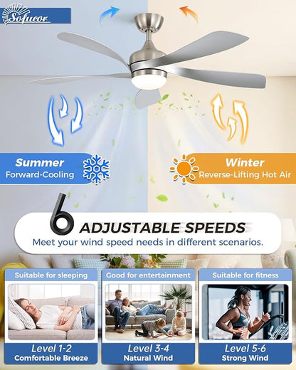 Sofucor 52" Smart Ceiling Fan, Indoor/Outdoor Ceiling Fans with Lights and Remote, Compatible with Alexa/Google/App, 3-Color Light 6-Speed Timing Reversible DC Motor for Bedroom Living Room Patio