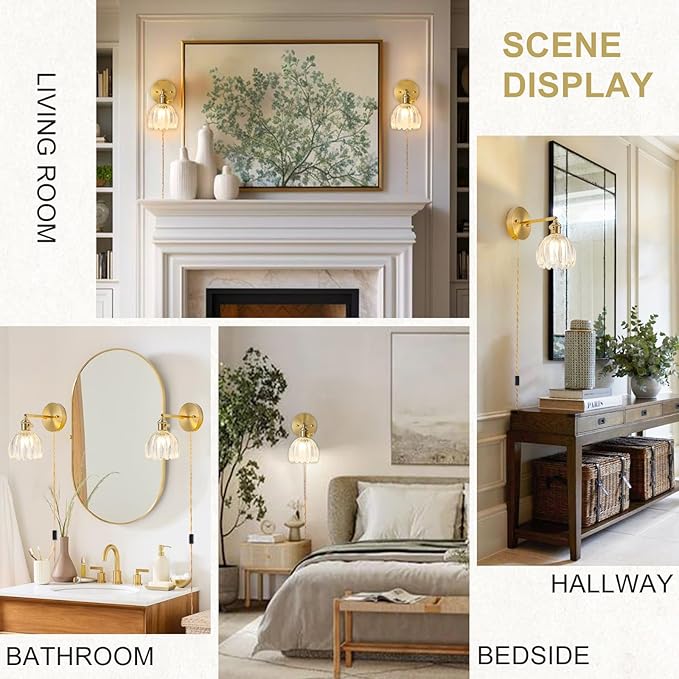 Plug in Wall Sconces Set of 2, Vintage Wall Sconce Light with Tulip Transparent Glass Lampshade, Bedroom Wall Sconce with Switch and Plug in wall lamp Cord, Gold Wall Light Wall Decor Set of 2