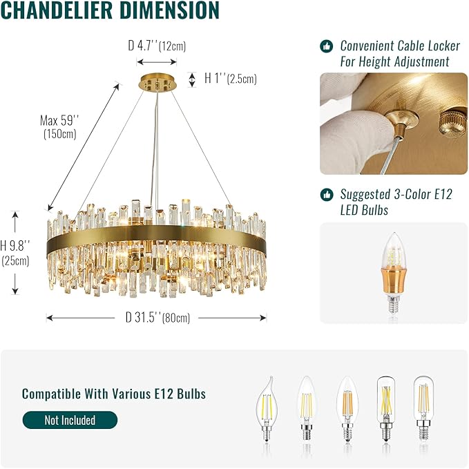 Siljoy 16-Light Modern Crystal Chandelier, Luxury Brushed Gold 2-Tiers K9 Crystal Raindrop Chandeleir, Adjustable Dimmable Crystal Ceiling Light for Dining Living Room Bedroom Entryway D31.5''