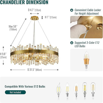 Siljoy 16-Light Modern Crystal Chandelier, Luxury Brushed Gold 2-Tiers K9 Crystal Raindrop Chandeleir, Adjustable Dimmable Crystal Ceiling Light for Dining Living Room Bedroom Entryway D31.5''