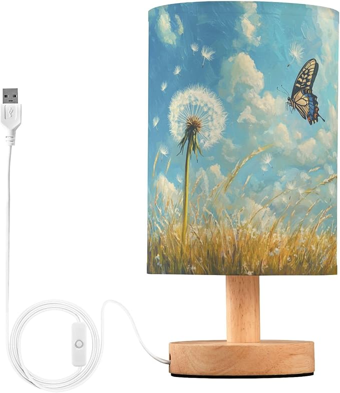 Table Lamp Dandelion Field Butterfly Nature Blue Sky Nightstand Lamp with Wood Base Fabric Lamp Shade Bedside Desk Lamp for Living Room Bedroom Kids Room Office