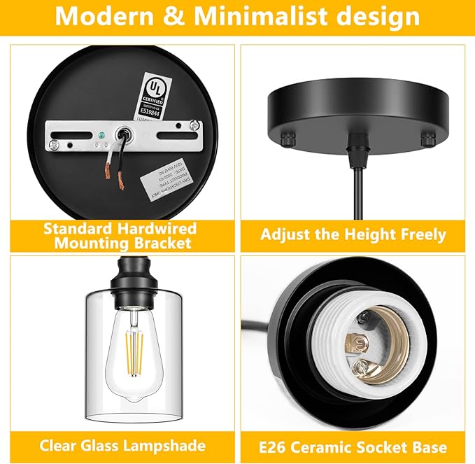 Licperron 3 Pack Hanging Pendant Lighting Fixtures, Adjustable Black Hanging Ceiling Lamp with Clear Glass Shade, Modern Pendant Light for Kitchen Island, Dining Room, Bedroom, Hallway