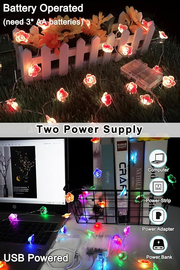 OMIKA Multicolor Flower Lights Cherry Blossom String Lights Battery Operated & USB Powered, 13ft 40LED Fairy Lights with Remote Timer Decorative Lights for Nursery Girls Bedroom Dorm Wedding Décor