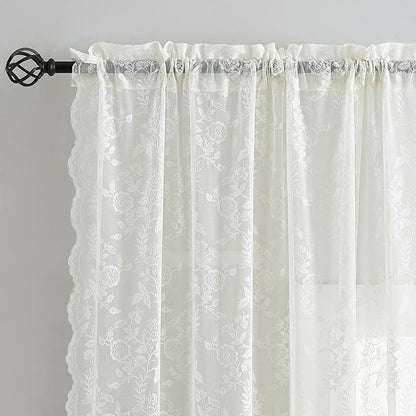 FINECITY Short Lace Curtains 36 Inch Length for Small Window, Rustic Leaf Floral Design Lace Cafe Curtains 2 Panels, Rod Pocket Privacy Sheer Lace Curtains, 42 x 36 Inch, 1 Pair, Ivory