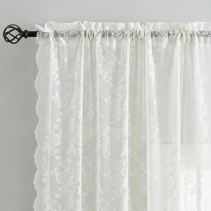 FINECITY Lace Curtains 45 Inch Length for Kitchen Window, Rustic Leaf Floral Design Lace Kitchen Curtains 2 Panels, Rod Pocket Farmhouse Privacy Sheer Lace Curtains, 42 x 45 Inch, 1 Pair, Ivory