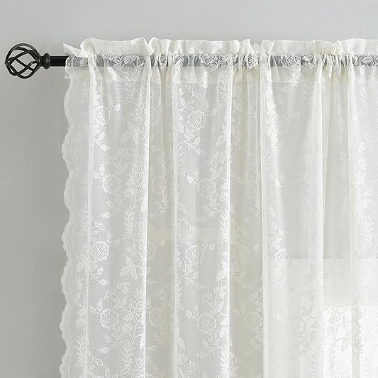 FINECITY Lace Curtains 45 Inch Length for Kitchen Window, Rustic Leaf Floral Design Lace Kitchen Curtains 2 Panels, Rod Pocket Farmhouse Privacy Sheer Lace Curtains, 42 x 45 Inch, 1 Pair, Ivory