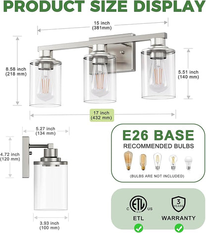 DORESshop 17 Inch Bathroom Light Fixtures, 3-Light Nickel Bathroom Lighting Fixtures Over Mirror with Clear Glass Shade, Vanity Lights for Living Room Bedroom