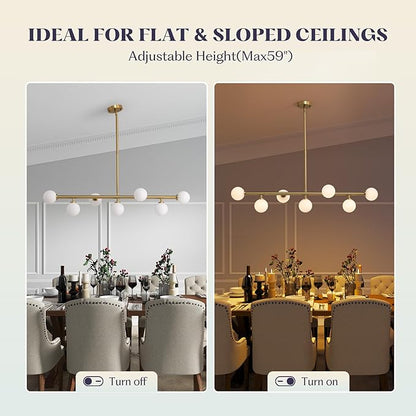Mid Century Chandelier, Gold Sputnik Pendant Light with White Glass Lampshade,7 Lights Globe Rectangle Linear Chandeliers for Dining Room Kitchen L43.3 in x W11.8 in
