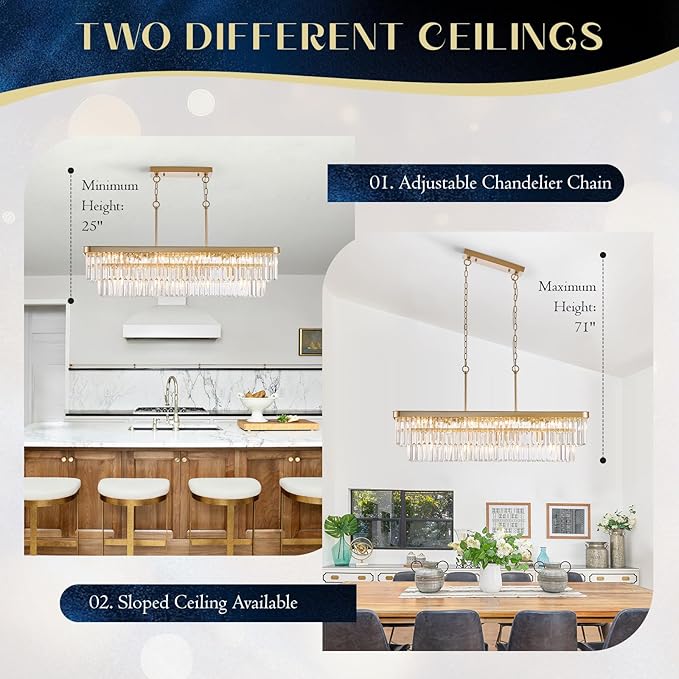 Rectangle Crystal Chandelier L40” 12 Lights Modern Gold Rectangular Long Chandeliers Luxury K9 Ceiling Pendant Light for Kitchen Island Dining Room Living Room Bar