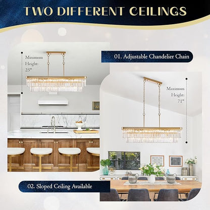 Rectangle Crystal Chandelier L40” 12 Lights Modern Gold Rectangular Long Chandeliers Luxury K9 Ceiling Pendant Light for Kitchen Island Dining Room Living Room Bar