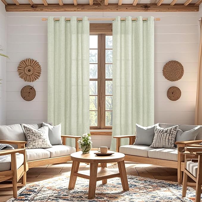 BGment Sage Green Linen Curtains 95 Inch Long for Living Room - Burlap Textured Light Filtering Window Treatments Grommet Sheer Drapes for Farmhouse, 2 Panels, 52 X 95 Inch