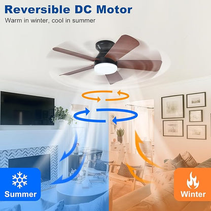 35-Inch Ceiling Fans with Lights: Walnut Low Profile Ceiling Fan with Light and Remote Control - Reversible Flush Mount Fans - 3CCT Dimmable Small Ceiling Fan for Bedroom Indoor/Outdoor Use