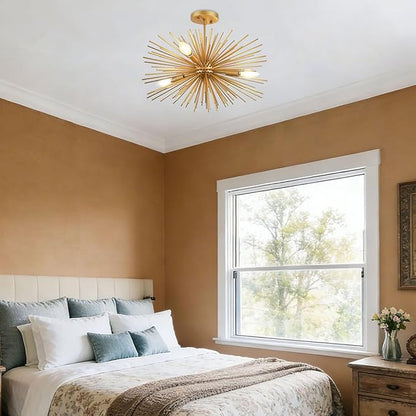 Modern Sputnik Chandelier Ceiling Light Fixture,4-Light Gold Semi Flush Mount Ceiling Light,20in Solid Metal Starburst Satellite Urchin Chandelier for Entry Dining Room Bedroom Kitchen Foyer