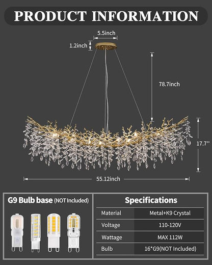 Modern Crystal Chandelier for Dining Room, 16-Light 55.12" Gold Tree Branch Chandeliers, Luxury K9 Crystal Rectangular Chandeliers for Kitchen Island Living Room
