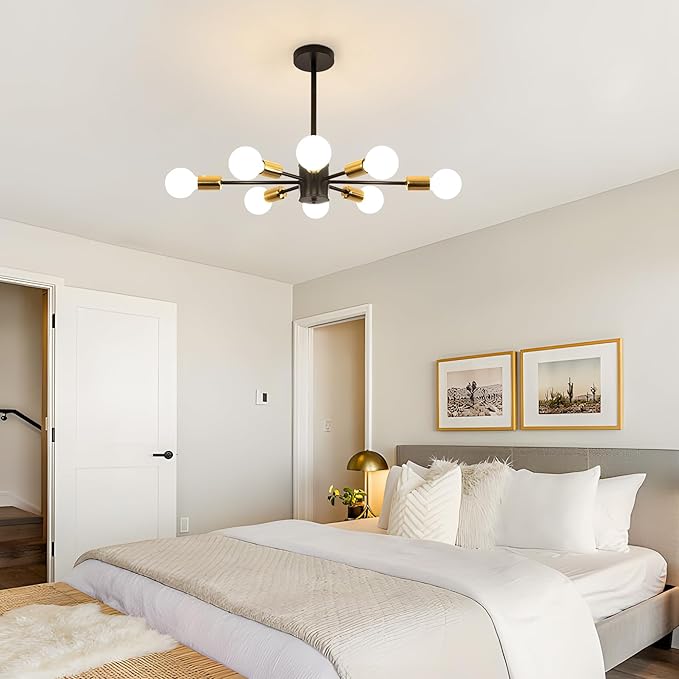 DELIPOP Modern Sputnik Chandelier, 8-Light Industrial Metal Semi Flush Mount Ceiling Light, E26 Base Sputnik Ceiling Light Fixture for Dining Room Bedroom Foyer Hallway Living Room