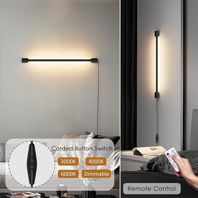 Aipsun 23.6inch Plug in Wall Sconces Black Wall Light with Remote Modern LED 3 Color Temperatures Sconces Wall Lighting for Living Room Bedroom Hallway