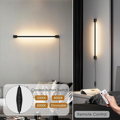 Aipsun 23.6inch Plug in Wall Sconces Black Wall Light with Remote Modern LED 3 Color Temperatures Sconces Wall Lighting for Living Room Bedroom Hallway