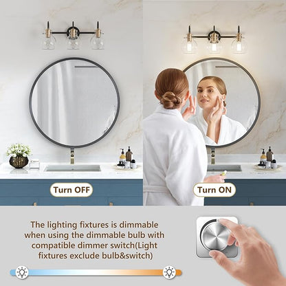 Bathroom Light Fixtures, Black and Copper 3 Light Bathroom Vanity Light, Modern Wall Sconce Black with Red Copper, Vanity Lights Over Mirror with Globe Glass Shade and Metal Base