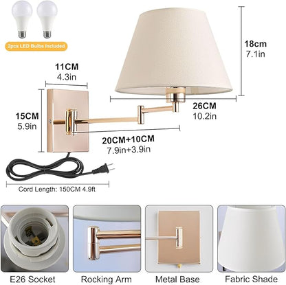 Rose Gold Wall Sconce Plug in, Swing Arm Wall Lamp Set of Two Mid-Century Modern Wall Light Fixtures with Beige Fabric Shade for Living Room Doorway Study Room Bedroom Reading Lamps with Switch