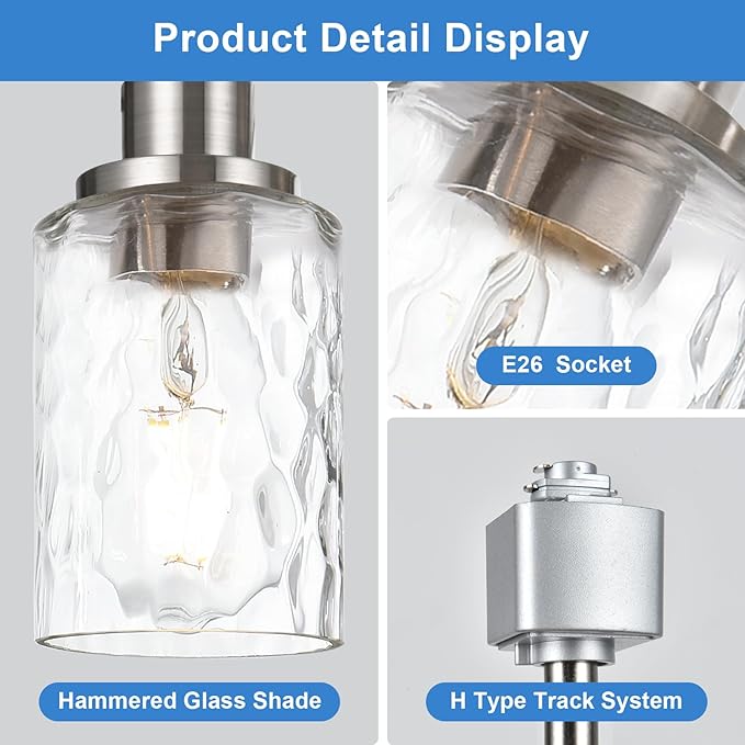 4 Pack H Track Lighting Replacement Heads Brushed Nickel Track Lighting Fixtures with Clear Clear Hammered/Water Ripples Glass H Type Track Light Heads Ceilig Spotlight for Retail Shop Kitchen