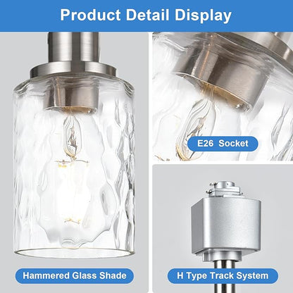 4 Pack H Track Lighting Replacement Heads Brushed Nickel Track Lighting Fixtures with Clear Clear Hammered/Water Ripples Glass H Type Track Light Heads Ceilig Spotlight for Retail Shop Kitchen