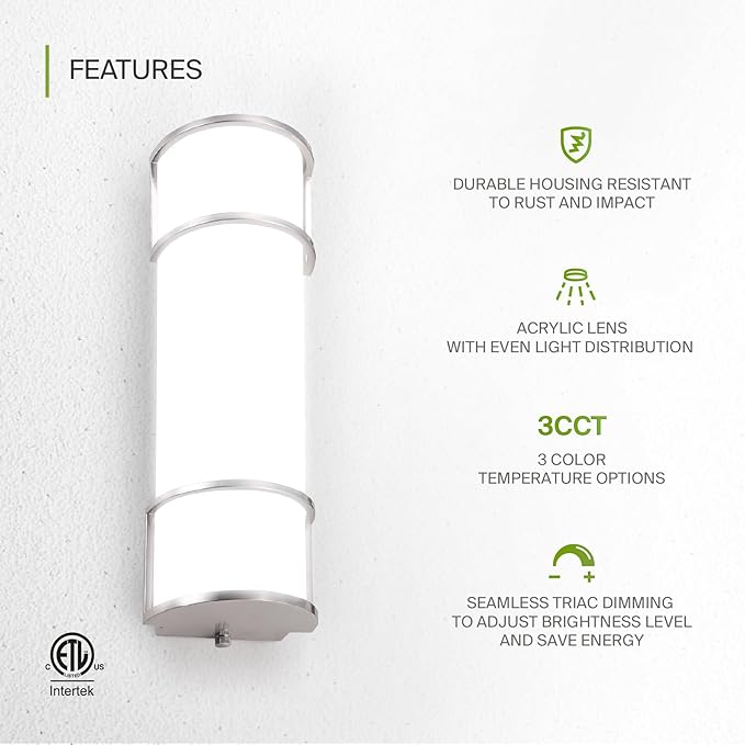 ASD LED 18" Vanity Flush Mount Light Fixture, Linear Bathroom Lighting Bar | 3CCT, Dimmable, ETL Listed | 20W 2300LM 3000-5000K 100-277V | Long Tube Bath Wall Sconce Over Mirror | Nickel