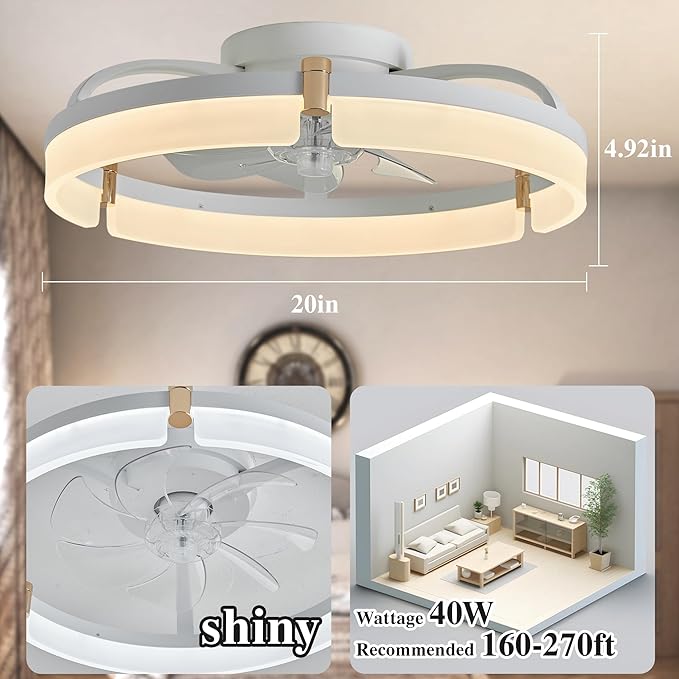 Smart Ceiling Fans with Lights Remote - 20'' WiFi Alexa Flush Mount Low Profile Modern Ceiling Fans for Bedroom - Stepless Color Temperature and 6 Speeds - White