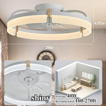 Smart Ceiling Fans with Lights Remote - 20'' WiFi Alexa Flush Mount Low Profile Modern Ceiling Fans for Bedroom - Stepless Color Temperature and 6 Speeds - White