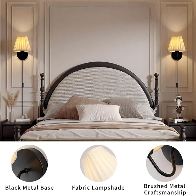 Plug in Wall Sconces with White Fabric Shades, Black Wall Sconces Set of Two, Modern Wall Lighting Fixture with On/Off Switch, Indoor Corded Wall Lamp for Bedroom, Living Room, Hallway, Bedside