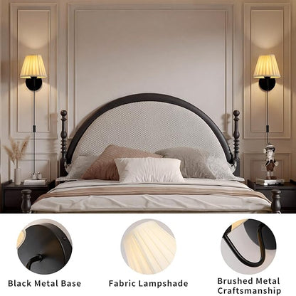 Plug in Wall Sconces with White Fabric Shades, Black Wall Sconces Set of Two, Modern Wall Lighting Fixture with On/Off Switch, Indoor Corded Wall Lamp for Bedroom, Living Room, Hallway, Bedside