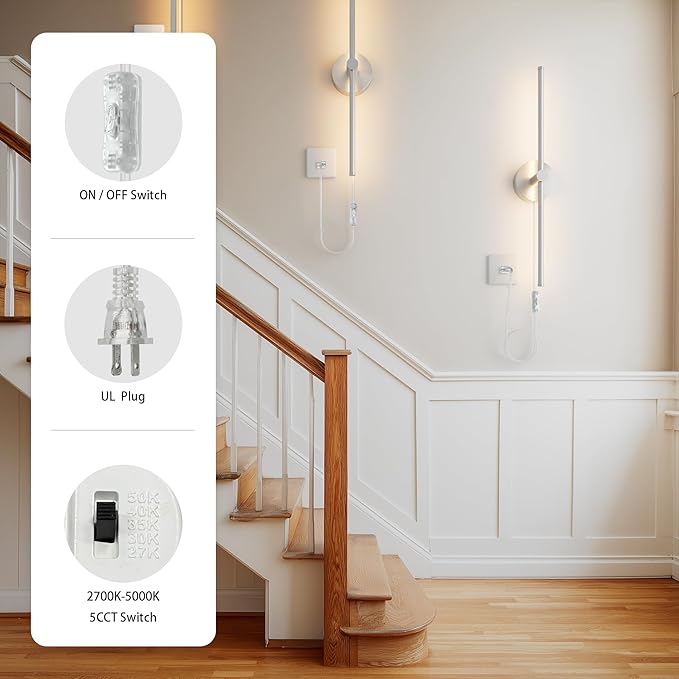 ZAGO 24 Inch Plug in or Hardwired Linear Wall Sconce Set of 2, Modern LED Wall Lights with On/Off Switch, Renter Friendly Plug and Play Option, 5CCT Switchable, Dimmable, Brushed Nickel