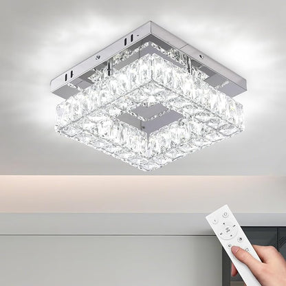Dimmable Square Crystal Chandelier LED Mini Ceiling Light with Remote Flush Mount Small Chandelier Light for Hallway Foyer Kitchen Stair Closet, 3 Colors Adjustable Dimmable