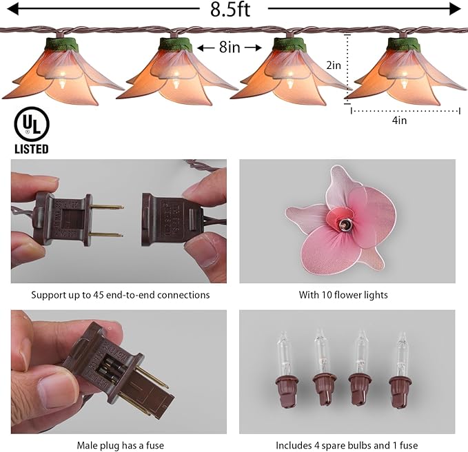 Flower String Lights Plug in with 10 LED Bulbs, Decorative Spring String Lights Indoor for Bedroom, Connectable Flower Fairy Lights Outdoor for Patio Garden Porch Floral Wedding Gifts(Pink Orchid)
