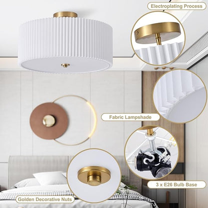 Semi Flush Mount Ceiling Light,17.7"Modern Close to Ceiling Light Fixture With White Fabric Shade, Light Fixtures Ceiling Mount Bedroom Ceiling Light for Bedroom Foyer Kitchen Living Room(Gold)