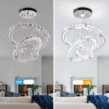 Chandeliers Modern Ceiling LED Fixture 3 Rings Adjustable Crystal Light Fixture Ceiling Hanging Pendant Light for Living Room Dining Bedrooms Hall 180mm Base 153 Crystals（White Light）