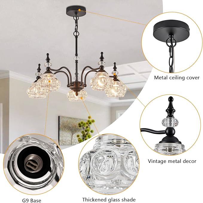 Vintage 5-Light Chandelier Black Kitchen Pendant Light Fixtures Finish with Crystal Glass Shade for Living Room Dining Room Bedroom Chandelier Over Table