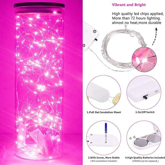 SmilingTown 15 Packs 20 Led Pink Fairy String Lights Battery Operated 6.6ft Silver Wire Firefly Starry Lights Waterproof for Bedroom DIY Table Bottle Wedding Valentine's Day Party Decor