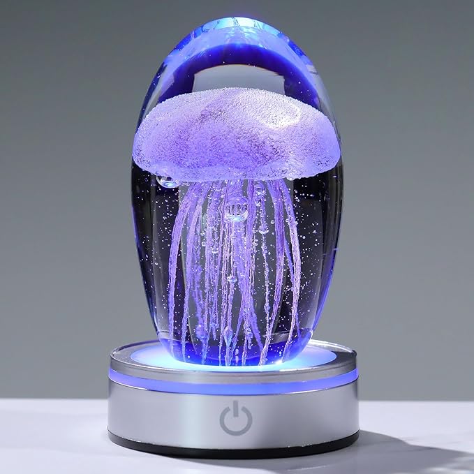 Handmade Jellyfish Lamp – Crystal Glass Figurine Colorful LED Night Light, Ocean-Themed Desk Decor, Aquarium & Beach Room Decor – Gifts for Women Nature Lovers (Purple)