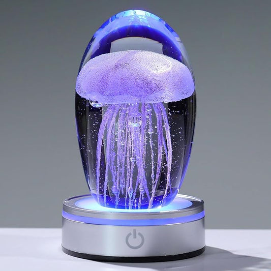 Handmade Jellyfish Lamp – Crystal Glass Figurine Colorful LED Night Light, Ocean-Themed Desk Decor, Aquarium & Beach Room Decor – Gifts for Women Nature Lovers (Purple)