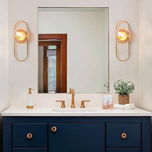 Gold Wall Lamp Sconces Set of 2 with Amber Globe Glass Shade - Wall Lights for Living Room & Bedrooms