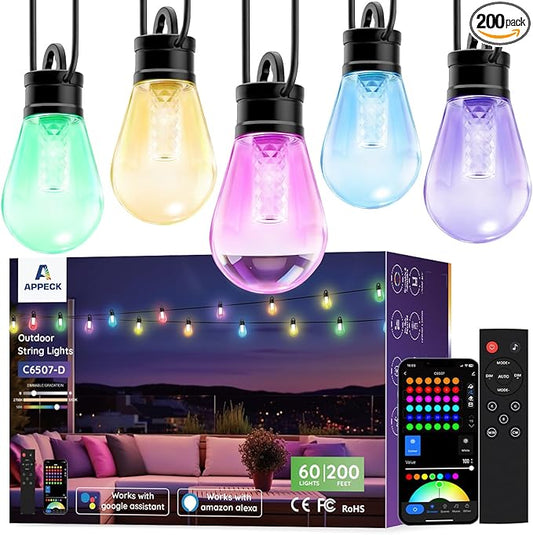 APPECK Outdoor String Lights, 200ft Smart RGBW Patio Lights for Outside with 60 LED Bulbs, Extenable, 111 Scene Modes, IP65 Waterproof Lighting for Backyard, Dimmable Warm White, Compatible with Alexa
