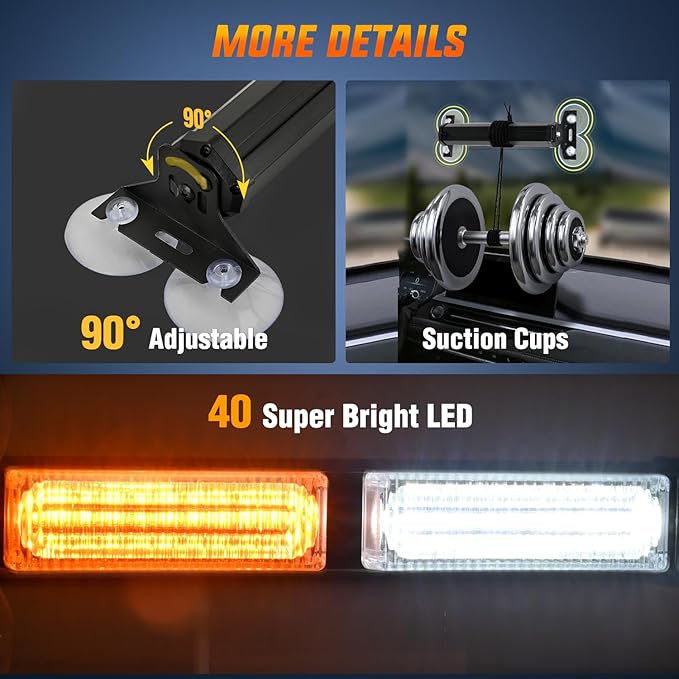 Nilight 40LED Amber White Emergency Strobe Traffic Advisor Light Bar with Suction Cups Dash Safety Warning Hazard Flashing Lights Interior Front/Rear Windshield for Trucks Construction Vehicles