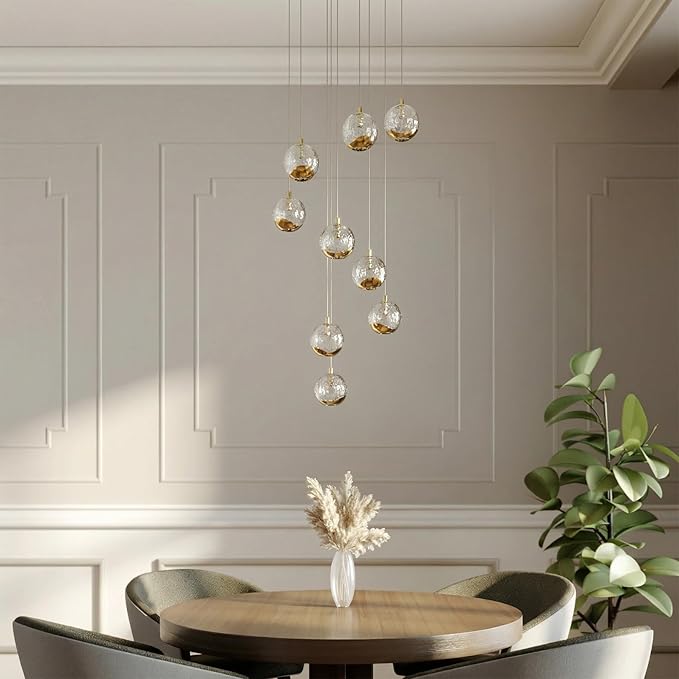 9-Light Modern Gold Glass Globe Chandelier, Hanging Cluster Pendant Light Kitchen Island & Foyer Chandelier, Warm White 3000K, 2610 Lm, LED Modern Chandelier, Ø 15.7 in
