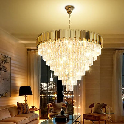 Gold Crystal Chandelier 40” 8-Tier Modern Round K9 Crystal Ceiling Light, Height Adjustable 16-Light Luxury Pendant Lighting for High Ceiling Dining Room Living Room Foyer Staircase
