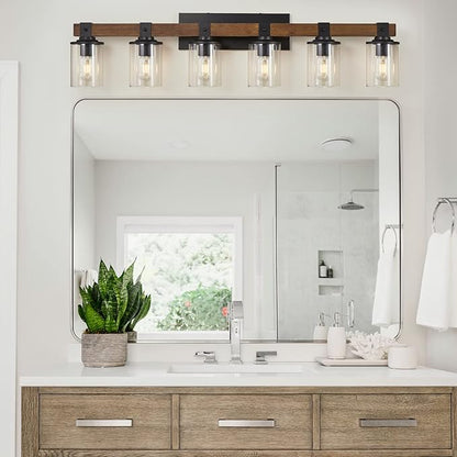 DUJAHMLAND 6-Light Wood Vanity Light,40.5 inch Farmhouse Bathroom Metal Wall Sconce with Cylinder Clear Glass Shade,Industrial Wall Light Fixtures for Hallway,Kitchen,Bedroom(Wood, 6-Light)