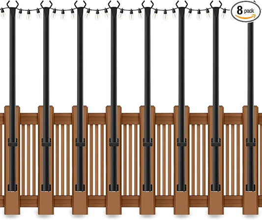 8 Pack String Light Poles for Deck,5 Ft String Light Poles for Outside with Fixing Clips,Metal Poles for Outdoor String Lights, Hanging Light Poles for Fence Garden Backyard Wall Bistro