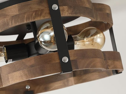4-Light Rustic Farmhouse Wood Flush Mount Ceiling Light Fixture 14.17 inch Oak Wood and Metal Cloud Cage Semi Flush Mount Ceiling Light for Hallway Hall Entry Bedroom Farmhouse Indoor, Black