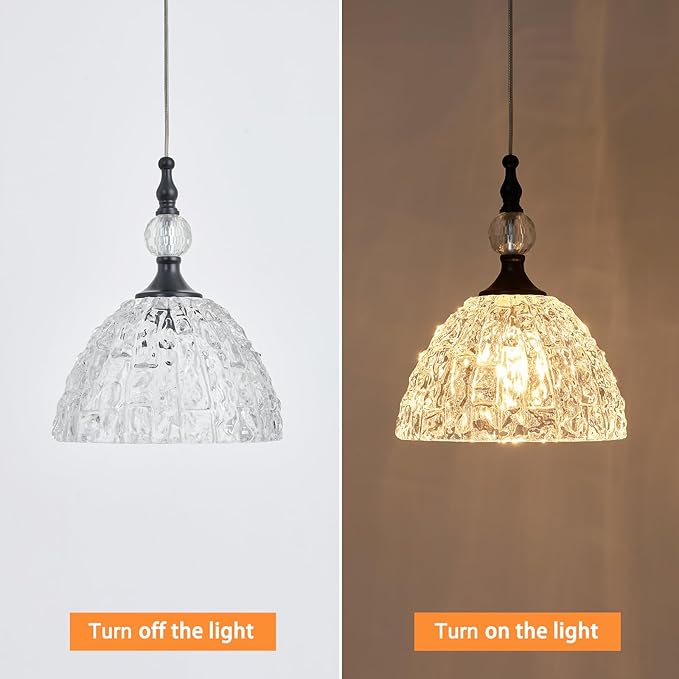 Modern Small Black Glass Pendant Light 7.68 inch Globe Light Fixture with Clear K9 Crystal Adjustable Height Vintage Mini Hanging Lights for Kitchen Island Bedroom Dining Room Living Room